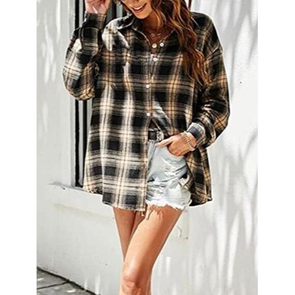 Women Flannel Buffalo Plaid Shirt Cotton Polyester Oversized Button Down - Picture 5 of 5